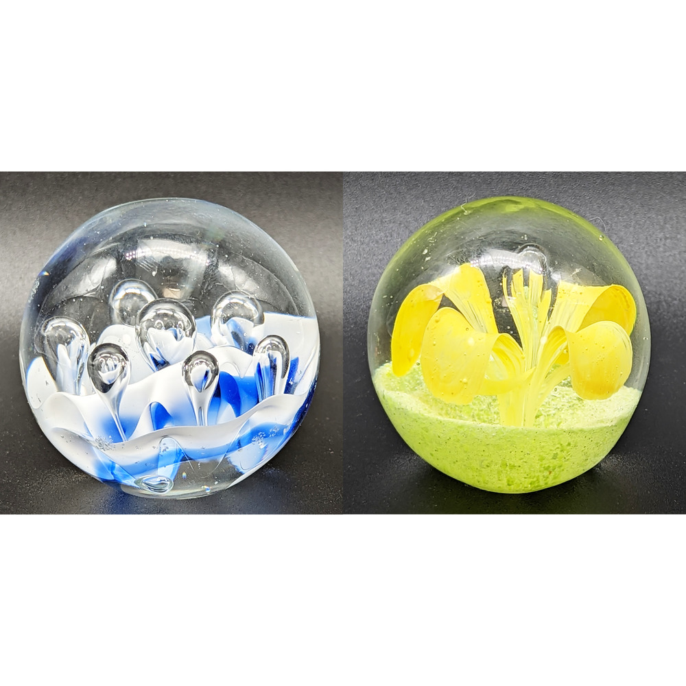 Pair of Italian Art Glass Paperweights One is Signed M Cellini Yellow and Blue